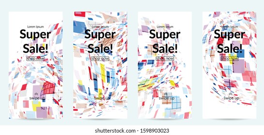Square pixel multicolored mosaic on white. Transparent overlapping squatters create movement effect. Colorful dynamic geometry. Sport background.