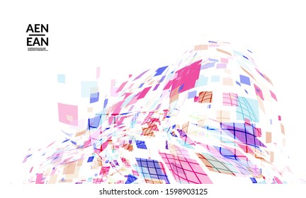 Square pixel multicolored mosaic on white. Transparent overlapping squatters create movement effect. Colorful dynamic geometry. Sport background.
