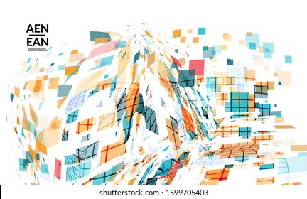 Square pixel multicolored mosaic on white. Transparent overlapping squatters create movement effect. Colorful dynamic geometry. Sport background.