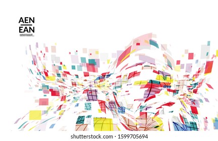 Square pixel multicolored mosaic on white. Transparent overlapping squatters create movement effect. Colorful dynamic geometry. Sport background.
