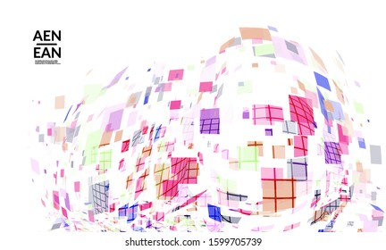 Square pixel multicolored mosaic on white. Transparent overlapping squatters create movement effect. Colorful dynamic geometry. Sport background.