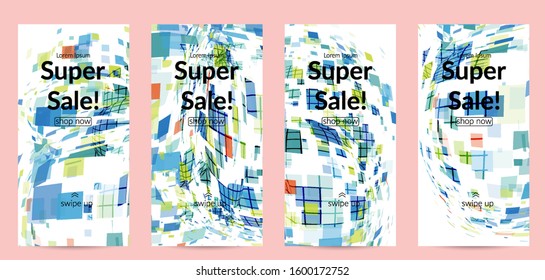 Square pixel multicolored mosaic on white. Transparent overlapping squatters create movement effect. Colorful dynamic geometry. Sport background.