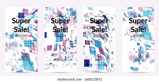 Square pixel multicolored mosaic on white. Transparent overlapping squatters create movement effect. Colorful dynamic geometry. Sport background.