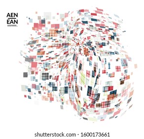 Square pixel multicolored mosaic on white. Transparent overlapping squatters create movement effect. Colorful dynamic geometry. Sport background.