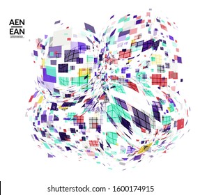 Square pixel multicolored mosaic on white. Transparent overlapping squatters create movement effect. Colorful dynamic geometry. Sport background.