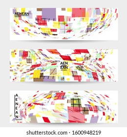 Square pixel multicolored mosaic on white. Transparent overlapping squatters create movement effect. Colorful dynamic geometry. Sport background.