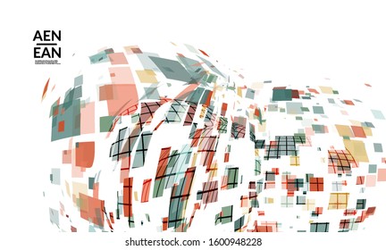 Square pixel multicolored mosaic on white. Transparent overlapping squatters create movement effect. Colorful dynamic geometry. Sport background.