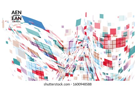 Square pixel multicolored mosaic on white. Transparent overlapping squatters create movement effect. Colorful dynamic geometry. Sport background.