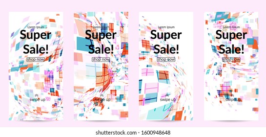 Square pixel multicolored mosaic on white. Transparent overlapping squatters create movement effect. Colorful dynamic geometry. Sport background.