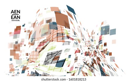Square pixel multicolored mosaic on white. Transparent overlapping squatters create movement effect. Colorful dynamic geometry. Sport background.