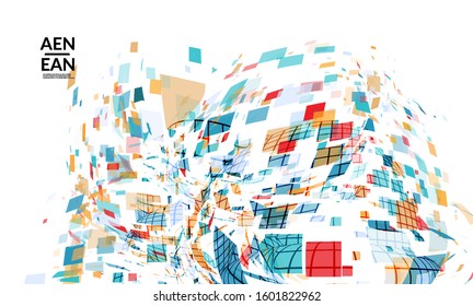Square pixel multicolored mosaic on white. Transparent overlapping squatters create movement effect. Colorful dynamic geometry. Sport background.