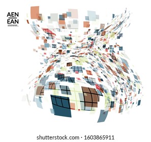 Square pixel multicolored mosaic on white. Transparent overlapping squatters create movement effect. Colorful dynamic geometry. Sport background.