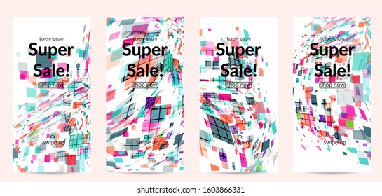 Square pixel multicolored mosaic on white. Transparent overlapping squatters create movement effect. Colorful dynamic geometry. Sport background.