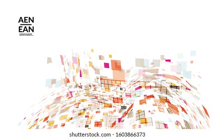 Square pixel multicolored mosaic on white. Transparent overlapping squatters create movement effect. Colorful dynamic geometry. Sport background.