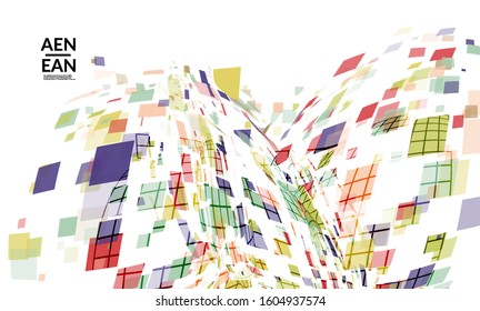 Square pixel multicolored mosaic on white. Transparent overlapping squatters create movement effect. Colorful dynamic geometry. Sport background.
