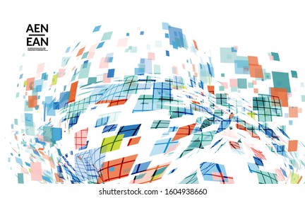 Square pixel multicolored mosaic on white. Transparent overlapping squatters create movement effect. Colorful dynamic geometry. Sport background.