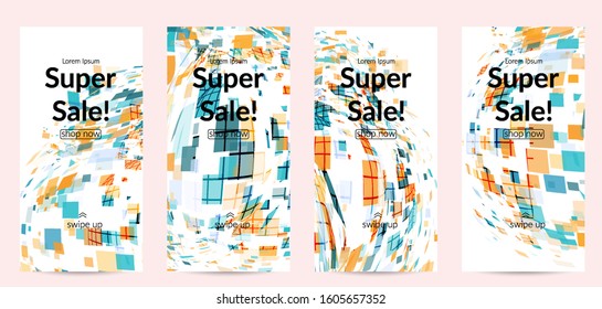 Square pixel multicolored mosaic on white. Transparent overlapping squatters create movement effect. Colorful dynamic geometry. Sport background.