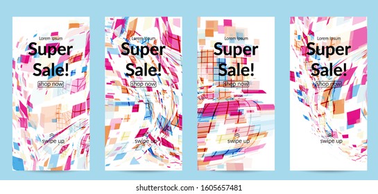 Square pixel multicolored mosaic on white. Transparent overlapping squatters create movement effect. Colorful dynamic geometry. Sport background.