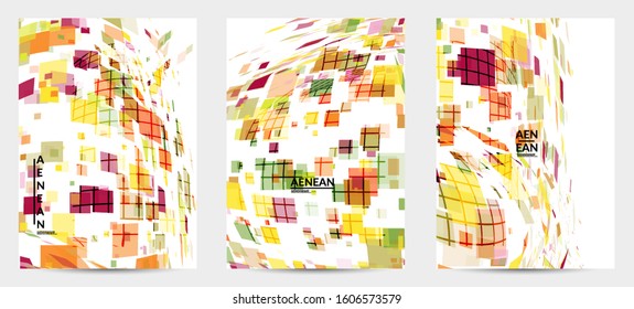 Square pixel multicolored mosaic on white. Transparent overlapping squatters create movement effect. Colorful dynamic geometry. Sport background.