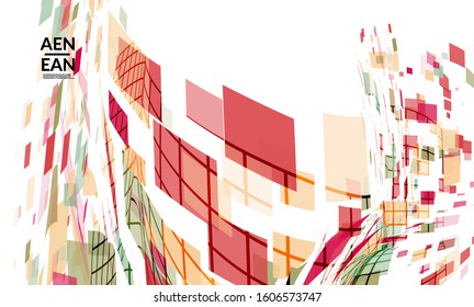 Square pixel multicolored mosaic on white. Transparent overlapping squatters create movement effect. Colorful dynamic geometry. Sport background.