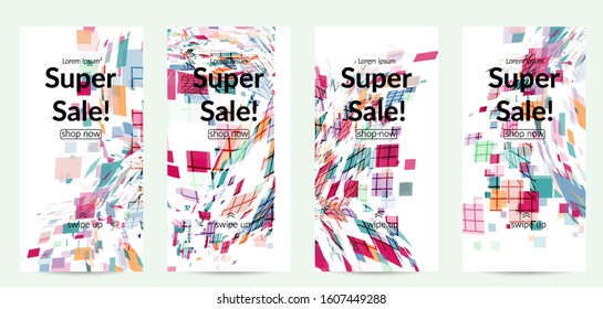 Square pixel multicolored mosaic on white. Transparent overlapping squatters create movement effect. Colorful dynamic geometry. Sport background.