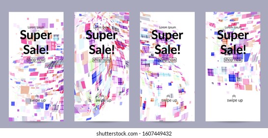 Square pixel multicolored mosaic on white. Transparent overlapping squatters create movement effect. Colorful dynamic geometry. Sport background.