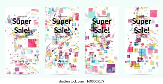 Square pixel multicolored mosaic on white. Transparent overlapping squatters create movement effect. Colorful dynamic geometry. Sport background.