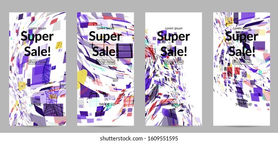 Square pixel multicolored mosaic on white. Transparent overlapping squatters create movement effect. Colorful dynamic geometry. Sport background.