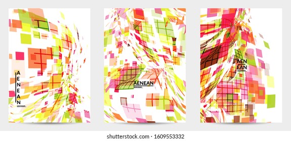 Square pixel multicolored mosaic on white. Transparent overlapping squatters create movement effect. Colorful dynamic geometry. Sport background.