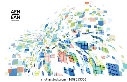 Square pixel multicolored mosaic on white. Transparent overlapping squatters create movement effect. Colorful dynamic geometry. Sport background.