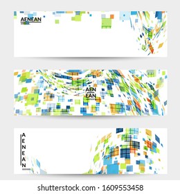 Square pixel multicolored mosaic on white. Transparent overlapping squatters create movement effect. Colorful dynamic geometry. Sport background.