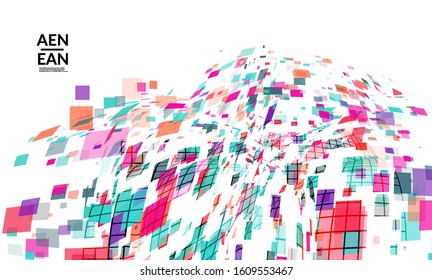 Square pixel multicolored mosaic on white. Transparent overlapping squatters create movement effect. Colorful dynamic geometry. Sport background.