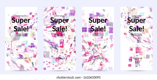 Square pixel multicolored mosaic on white. Transparent overlapping squatters create movement effect. Colorful dynamic geometry. Sport background.