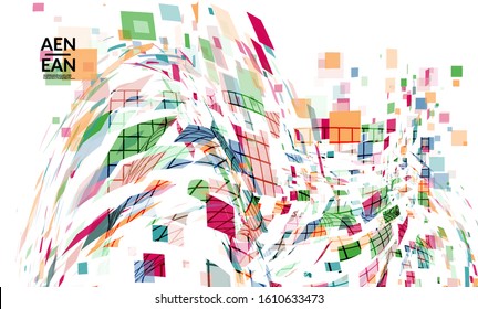 Square pixel multicolored mosaic on white. Transparent overlapping squatters create movement effect. Colorful dynamic geometry. Sport background.