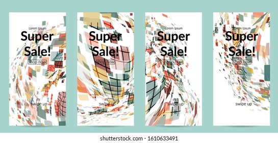 Square pixel multicolored mosaic on white. Transparent overlapping squatters create movement effect. Colorful dynamic geometry. Sport background.