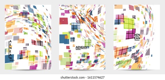 Square pixel multicolored mosaic on white. Transparent overlapping squatters create movement effect. Colorful dynamic geometry. Sport background.