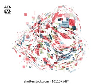 Square pixel multicolored mosaic on white. Transparent overlapping squatters create movement effect. Colorful dynamic geometry. Sport background.