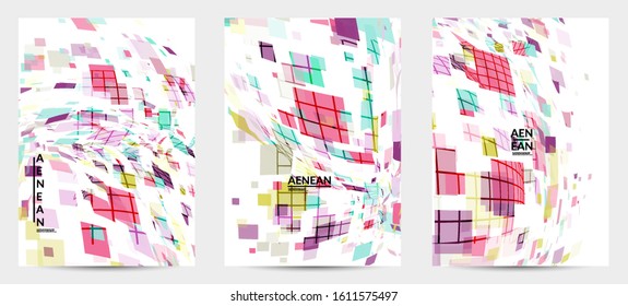 Square pixel multicolored mosaic on white. Transparent overlapping squatters create movement effect. Colorful dynamic geometry. Sport background.