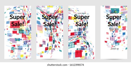 Square pixel multicolored mosaic on white. Transparent overlapping squatters create movement effect. Colorful dynamic geometry. Sport background.