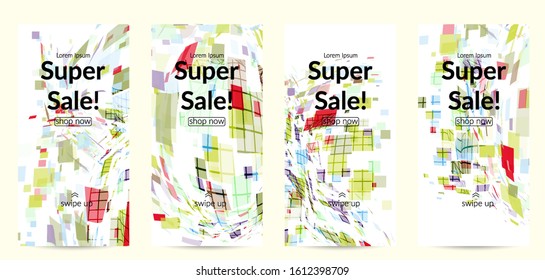 Square pixel multicolored mosaic on white. Transparent overlapping squatters create movement effect. Colorful dynamic geometry. Sport background.