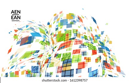 Square pixel multicolored mosaic on white. Transparent overlapping squatters create movement effect. Colorful dynamic geometry. Sport background.