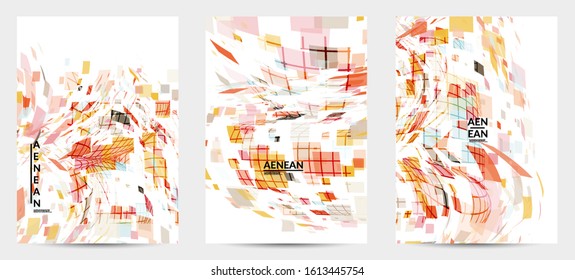 Square pixel multicolored mosaic on white. Transparent overlapping squatters create movement effect. Colorful dynamic geometry. Sport background.