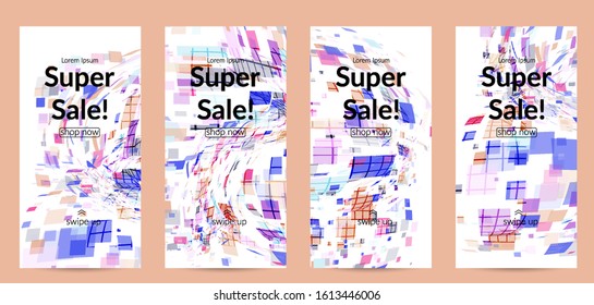 Square pixel multicolored mosaic on white. Transparent overlapping squatters create movement effect. Colorful dynamic geometry. Sport background.