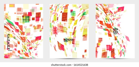 Square pixel multicolored mosaic on white. Transparent overlapping squatters create movement effect. Colorful dynamic geometry. Sport background.