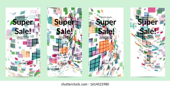 Square pixel multicolored mosaic on white. Transparent overlapping squatters create movement effect. Colorful dynamic geometry. Sport background.