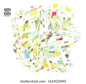 Square pixel multicolored mosaic on white. Transparent overlapping squatters create movement effect. Colorful dynamic geometry. Sport background.