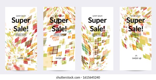 Square pixel multicolored mosaic on white. Transparent overlapping squatters create movement effect. Colorful dynamic geometry. Sport background.