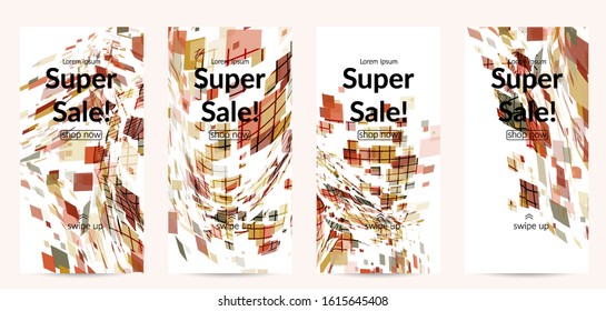 Square pixel multicolored mosaic on white. Transparent overlapping squatters create movement effect. Colorful dynamic geometry. Sport background.