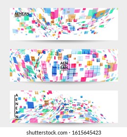 Square pixel multicolored mosaic on white. Transparent overlapping squatters create movement effect. Colorful dynamic geometry. Sport background.