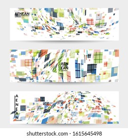 Square pixel multicolored mosaic on white. Transparent overlapping squatters create movement effect. Colorful dynamic geometry. Sport background.